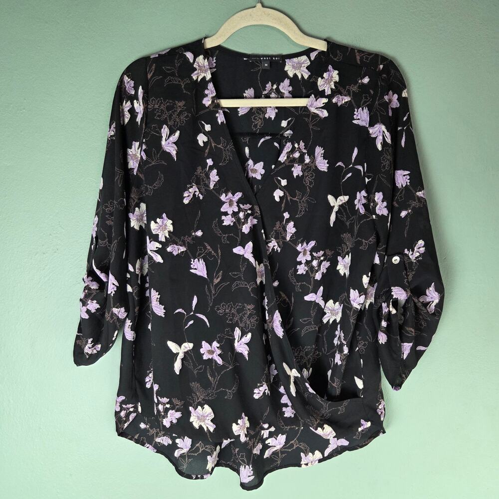 West Kei Womens Black Purple Floral Alexa Surplice Roll Tab Blouse Size Medium